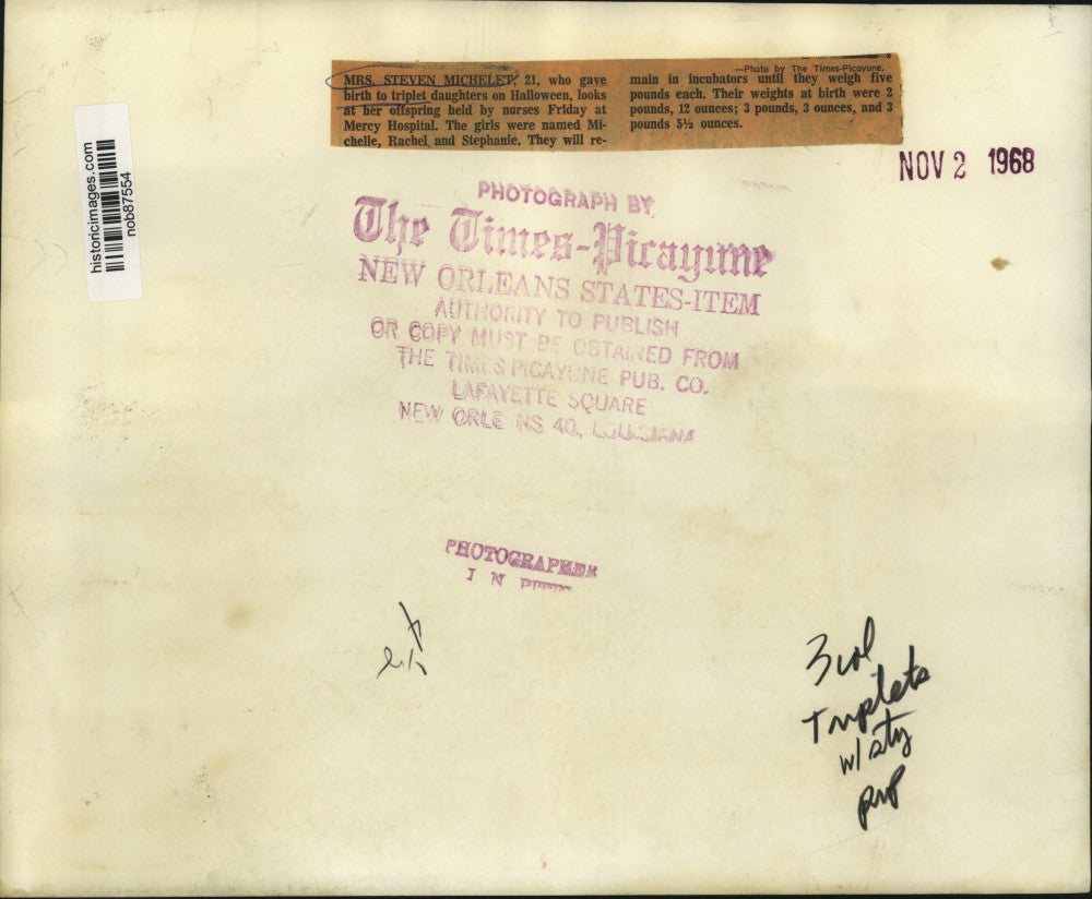 1968 Press Photo Mrs. Steven Michelet with triplet daughters at Mercy Hospital