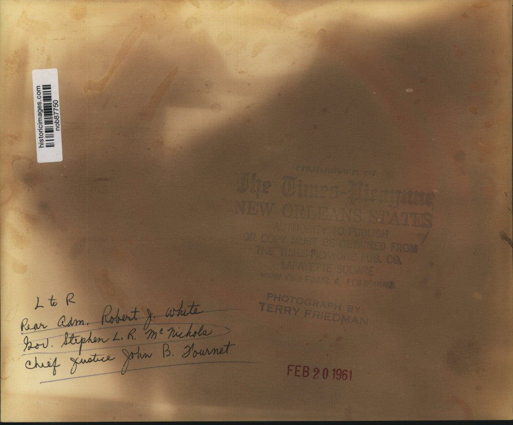 1961 Press Photo Rear Admiral White, Governor McNichols, Chief Justice Fournet