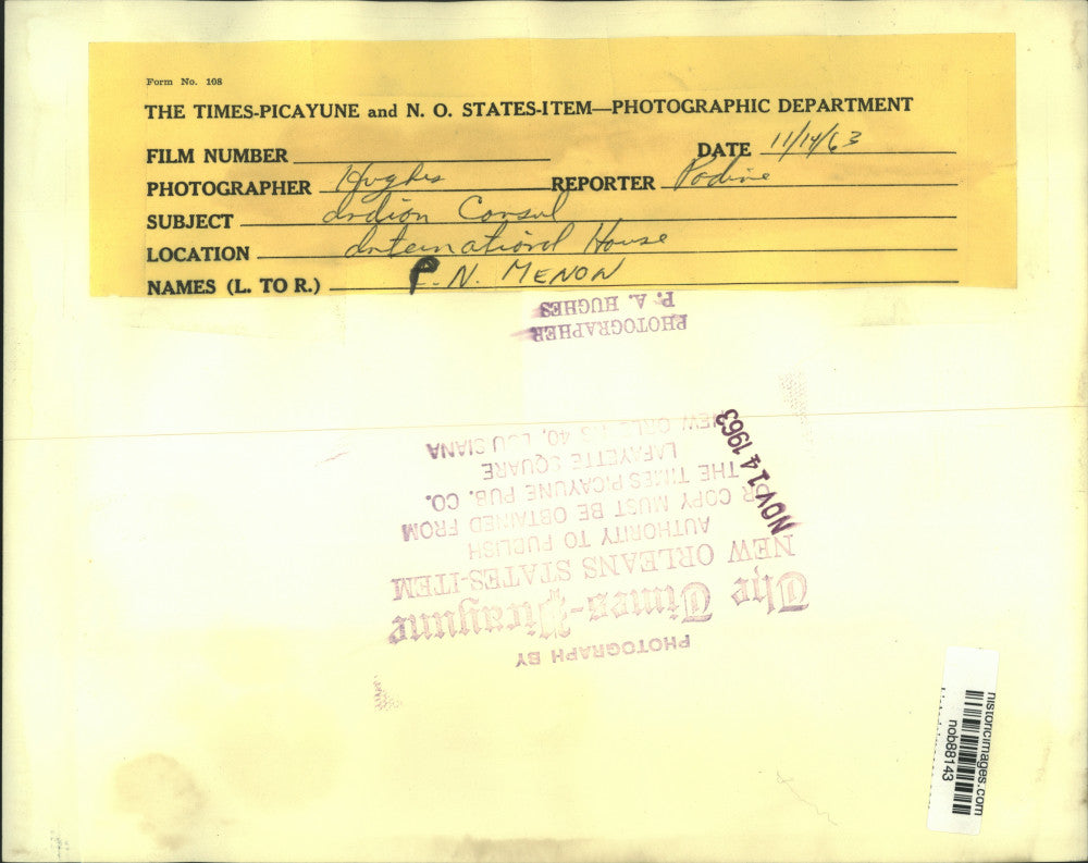 1963 Press Photo Indian Consul P.N. Menon at International House - nob88143