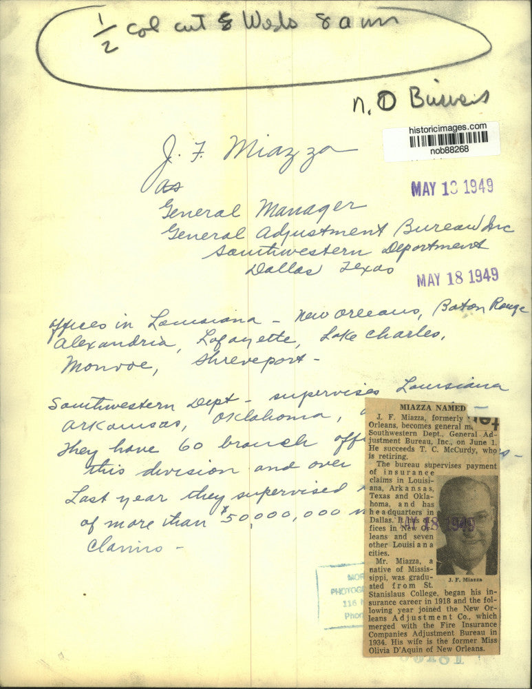 1949 Press Photo J.F. Miazza of the General Adjustment Bureau, Incorporated