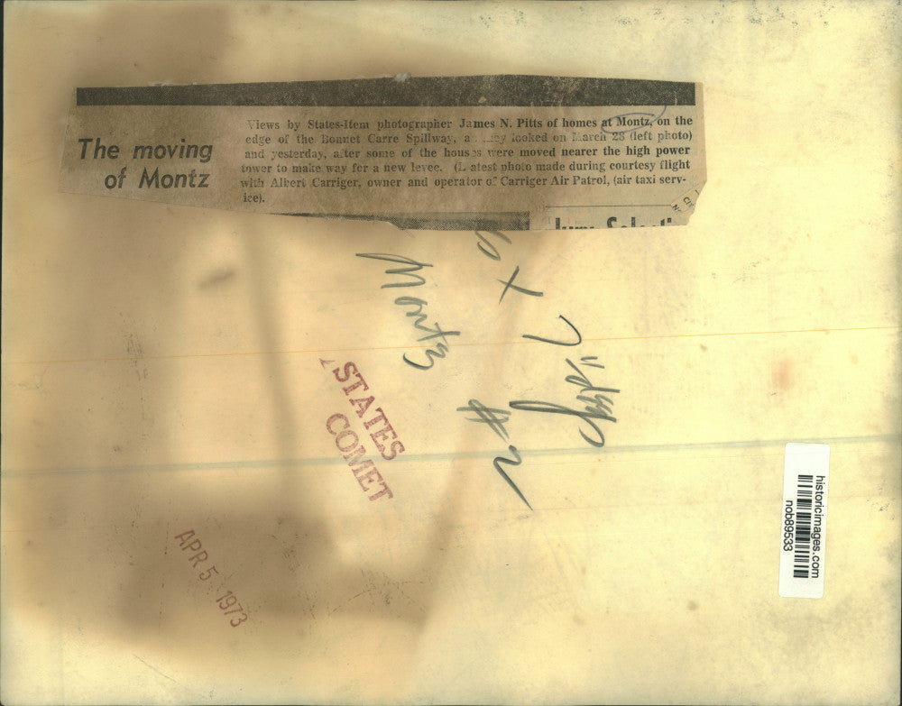 1973 Press Photo View of homes at Montz, on the edge of Bonnet Carre Spillway