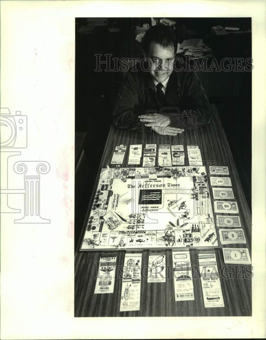 1985 Press Photo Vic Molero shows off is new board game The Jefferson Times- Historic Images
