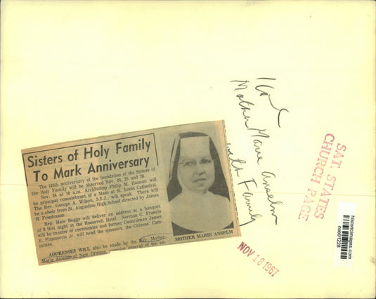 1967 Press Photo Reverend Mother Marie Anselm Of New Orleans - nob91228