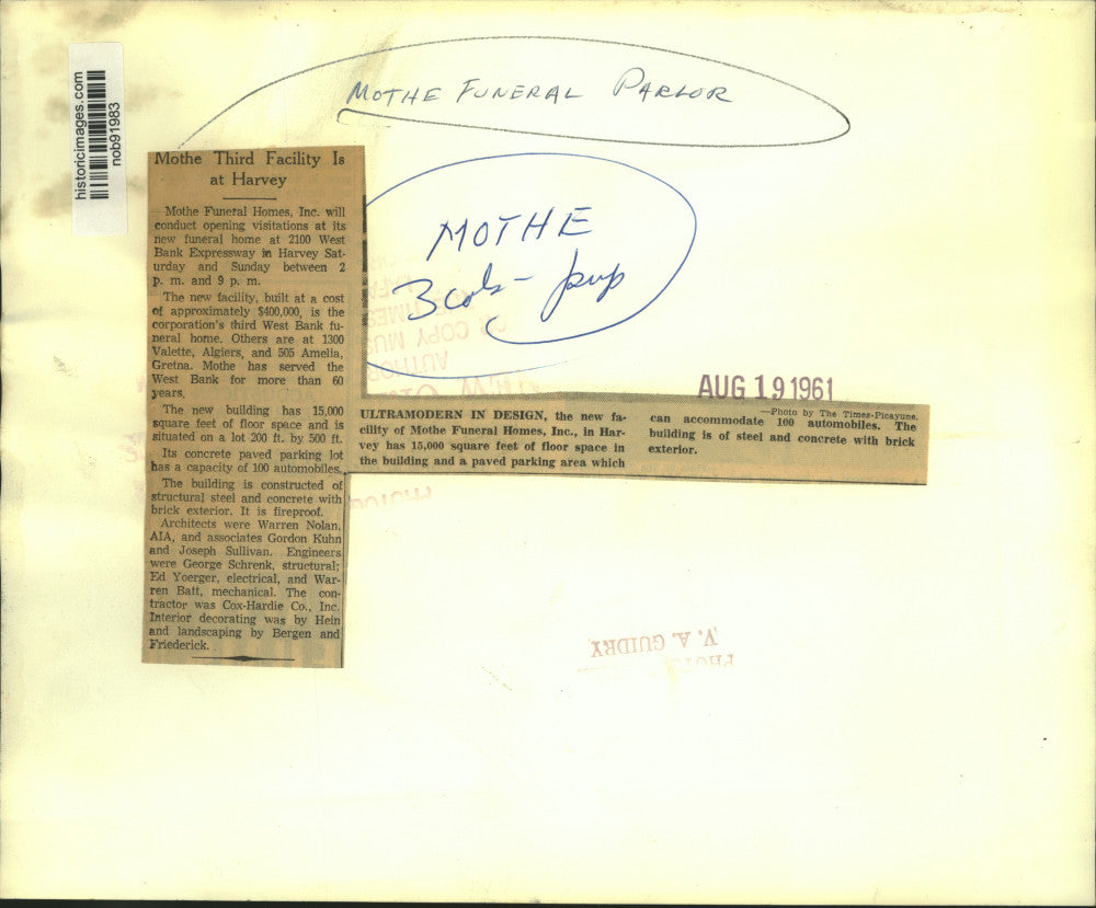 1961 Press Photo The new facility of Mothe Funeral Homes Incorporated in Harvey