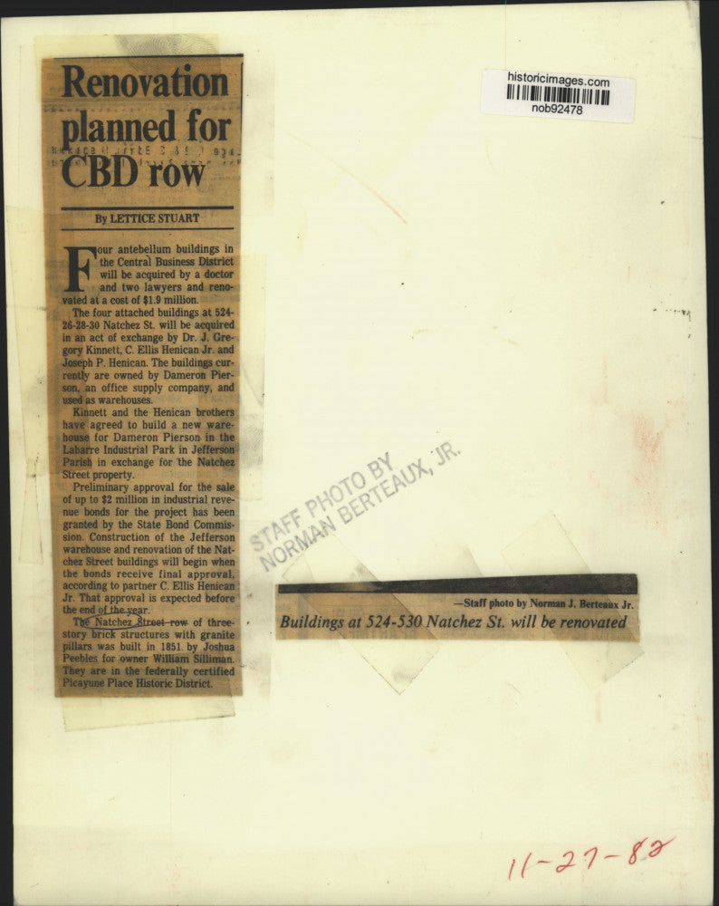1982 Press Photo Buildings at 524-530 Natchez Street will be renovated