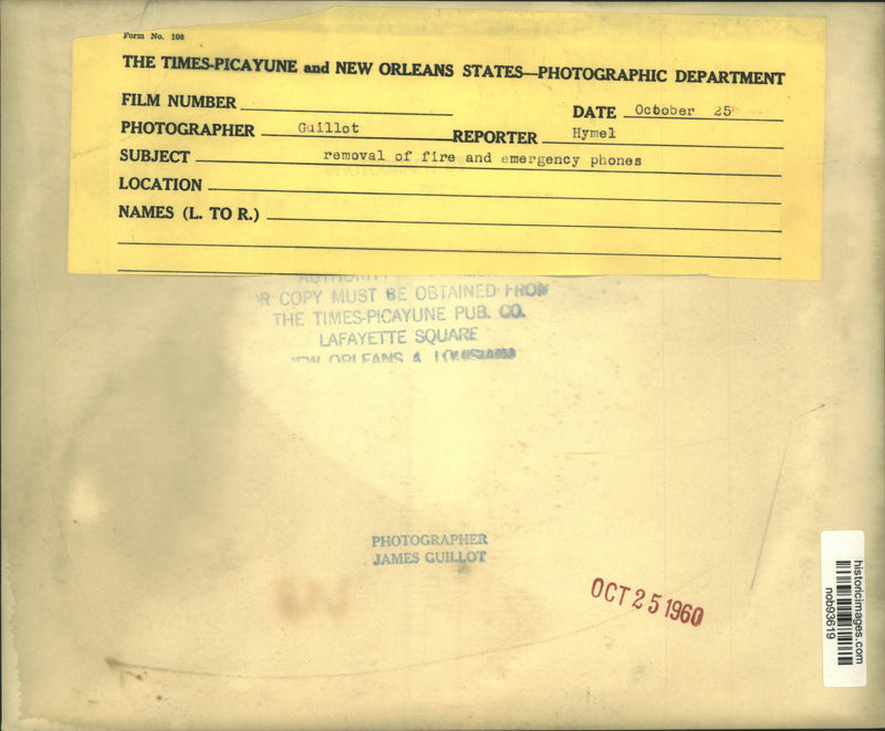 Load image into Gallery viewer, 1960 Press Photo Removal of fire and emergency phones in Metairie - nob93619
