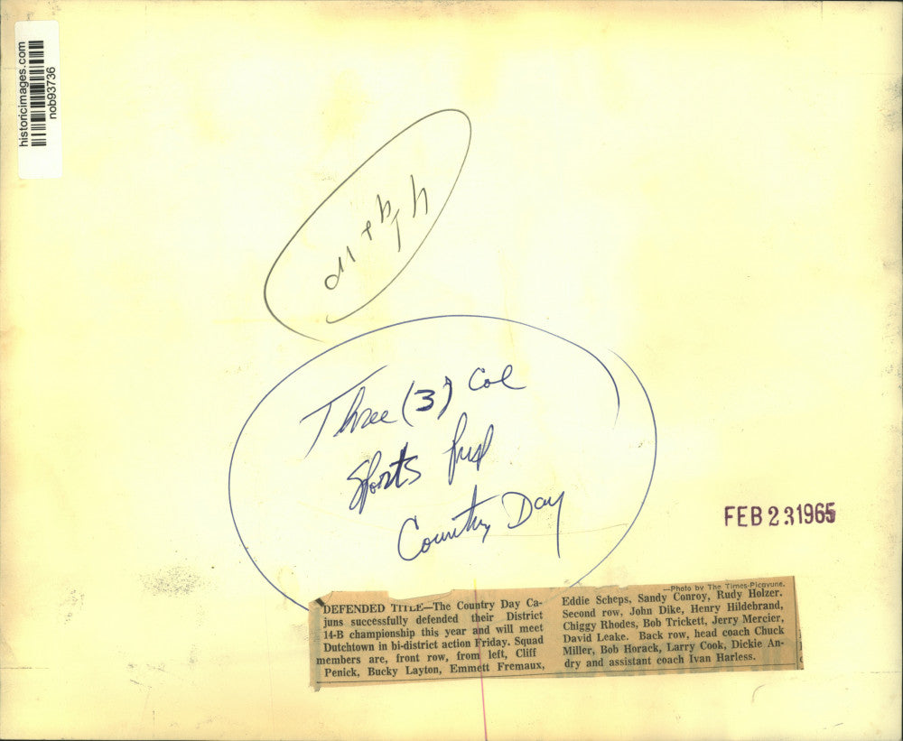 1965 Press Photo The Country Day Cajuns defended District 14-B championship