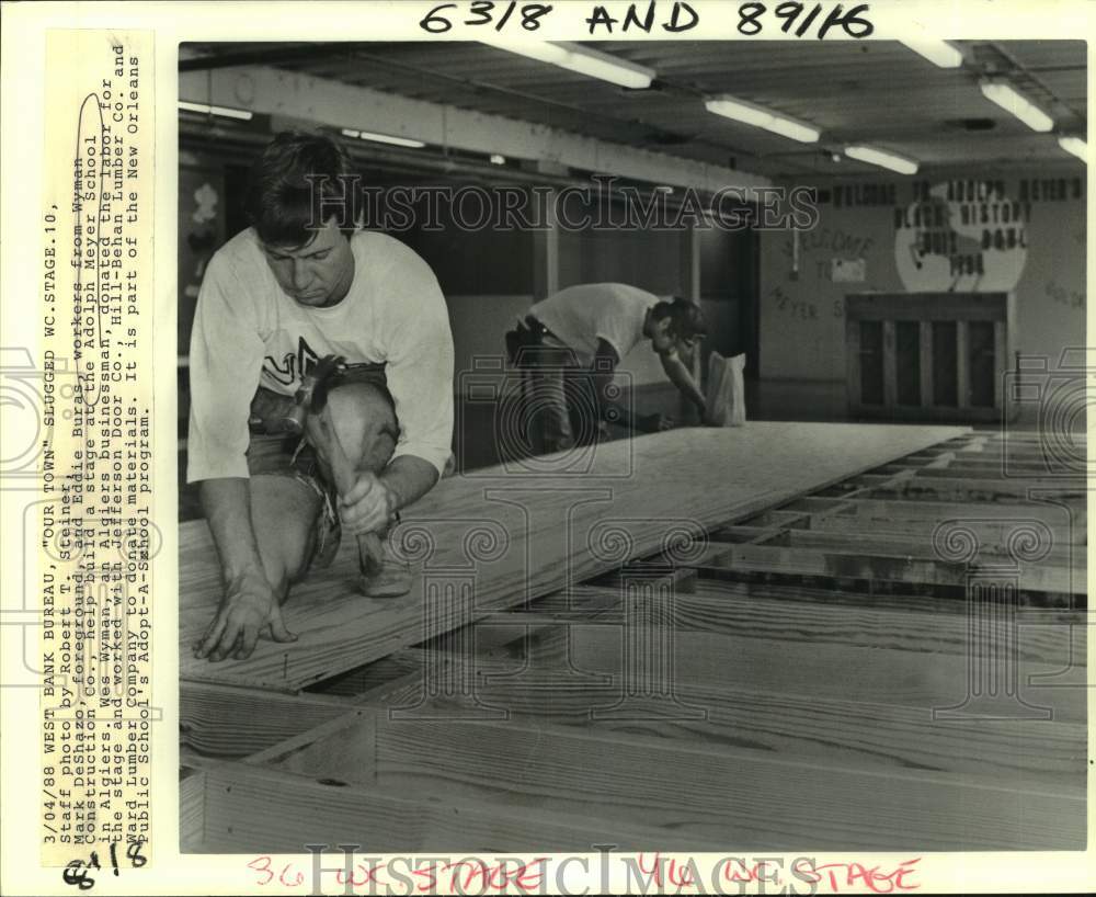 1988 Press Photo Wyman Construction workers build stage at Adolph Meyer School- Historic Images