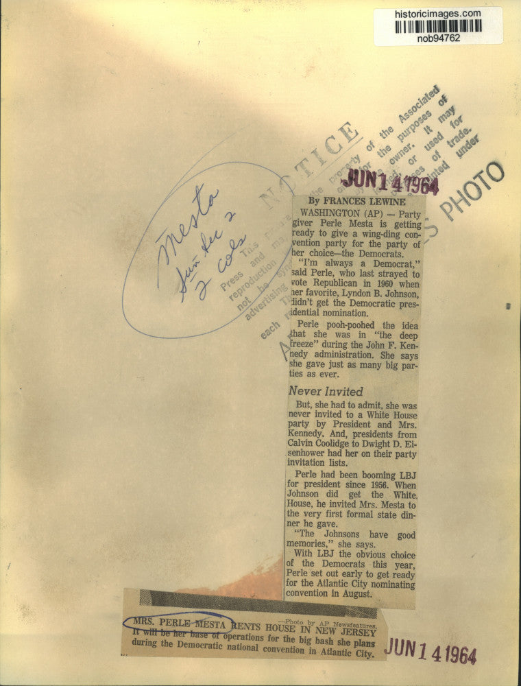 1964 Press Photo Perle Miesta, Party Planner For Democratic National Convention