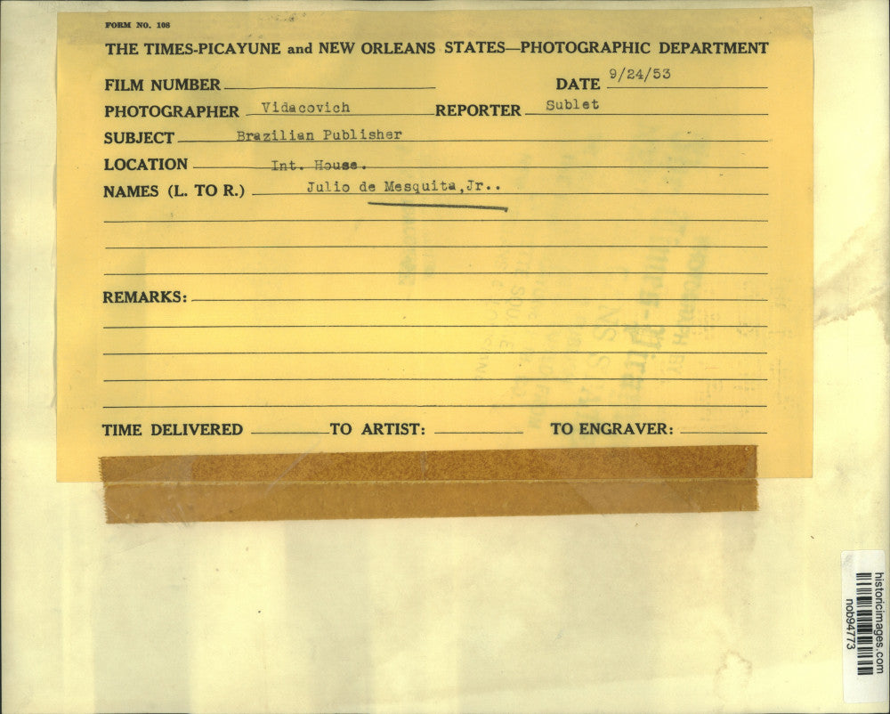 1953 Press Photo Julio de Mesquita Jr., Brazilian Publisher - nob94773