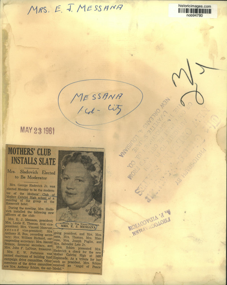 1961 Press Photo Mrs. E.J. Messana, president Mothers' Club Mother Cabrini H.S.