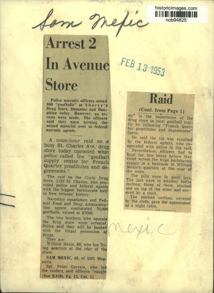 1953 Press Photo Sam Mexic arrested at Sherry&#39;s Drug Store in Dumaine