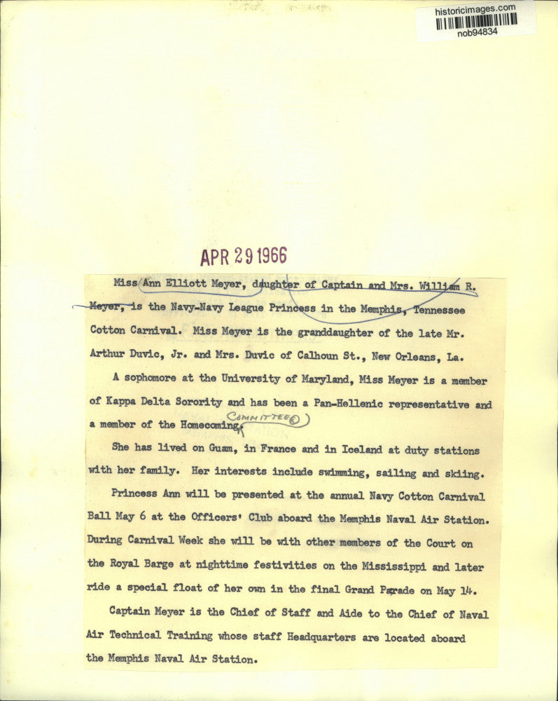 1966 Press Photo Ann Elliott Meyer, Navy Princess in Memphis Cotton Carnival