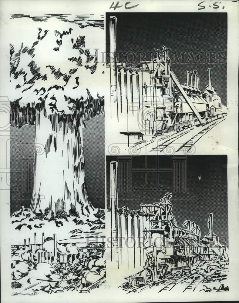 1966 Press Photo Sketches showing nuclear blast at Laughlin plant, Aliquippa, Pa- Historic Images