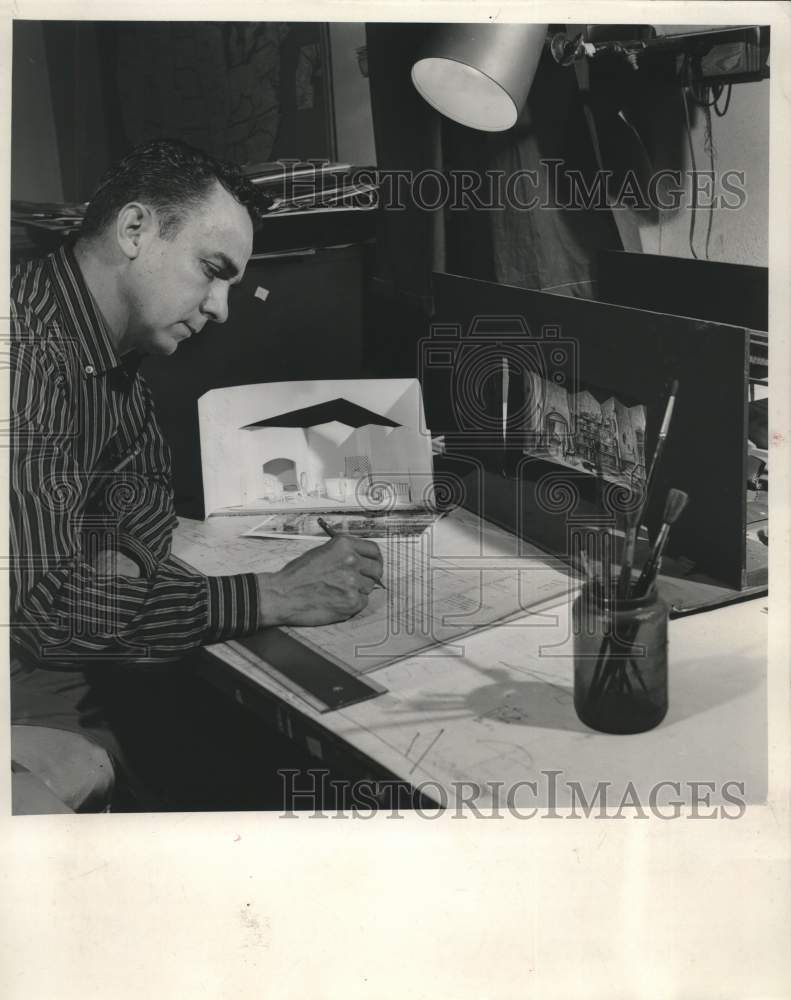 1966 Press Photo L.J. Arthur of New Orleans Opera House designs &quot;Markheim&quot; set- Historic Images