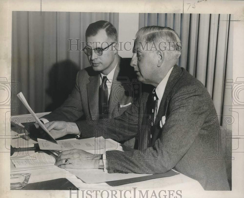 Load image into Gallery viewer, 1955 Press Photo J. Warren Nystrom &amp; Arthur Motley prepare for a meeting
