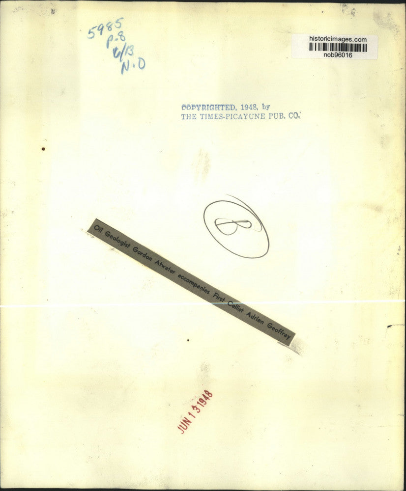 1948 Press Photo Oil Geologist Gordon Atwater with First Cellist Adrian Geoffrey