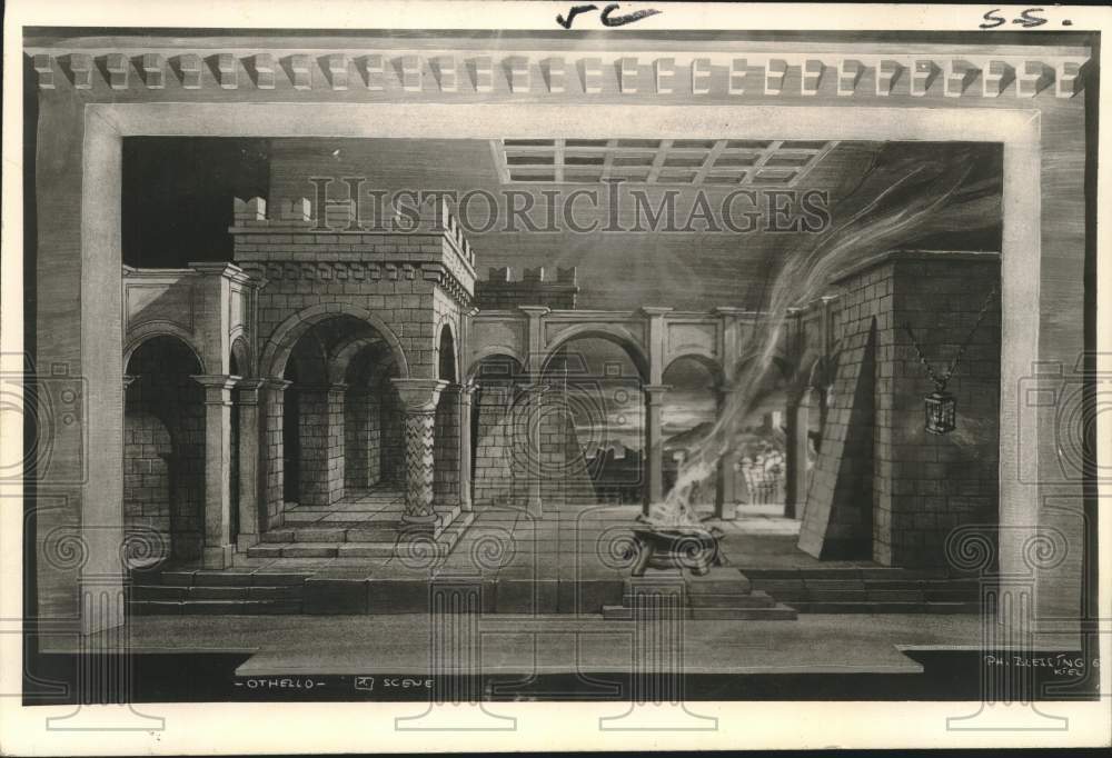 1964 Press Photo Designer&#39;s sketch, a glimpse of a setting for Verdi&#39;s Otello- Historic Images