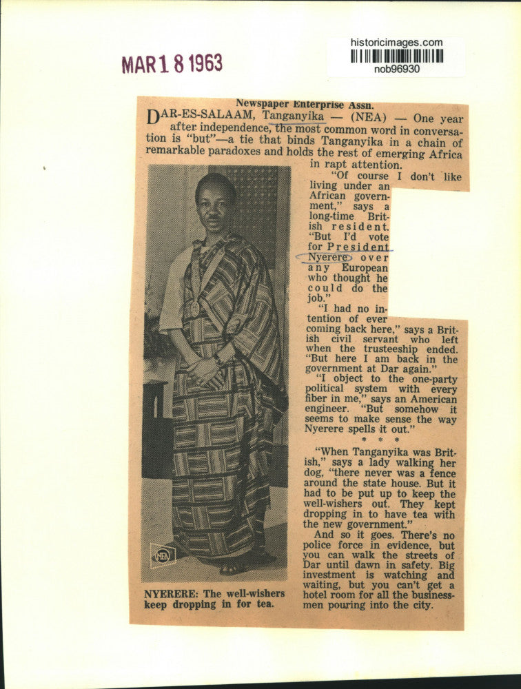Load image into Gallery viewer, 1963 Press Photo President Nyerere of Tanganyika - nob96930
