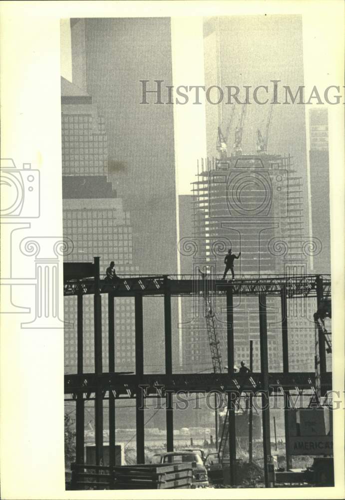 1987 Press Photo View of skyscrapers along Hudson River in New Jersey