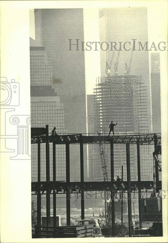 1987 Press Photo View of skyscrapers along Hudson River in New Jersey