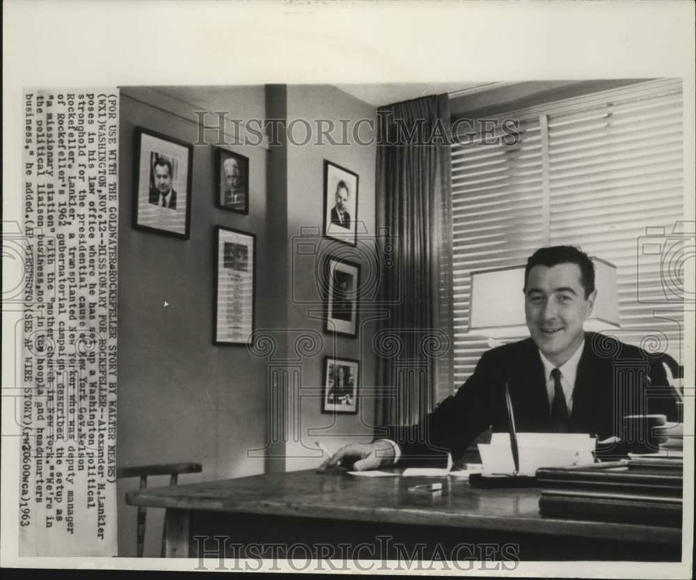 1963 Press Photo Alexander M. Lankler poses at his law office in Washington- Historic Images