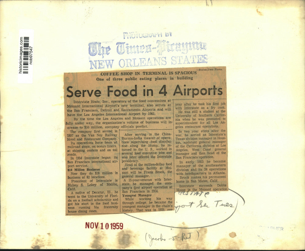 1959 Press Photo Coffee Shop Run By Interstate Hosts, Inc., In Moisant Airport