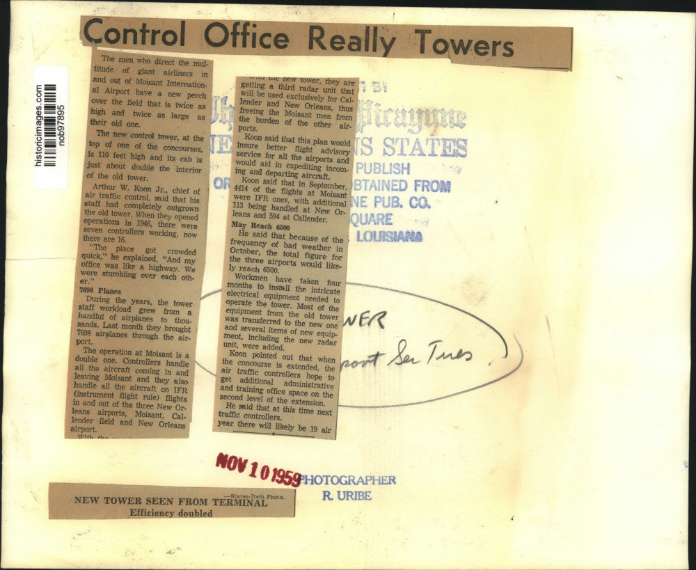 1959 Press Photo New tower seen from terminal at Moisant International Airport