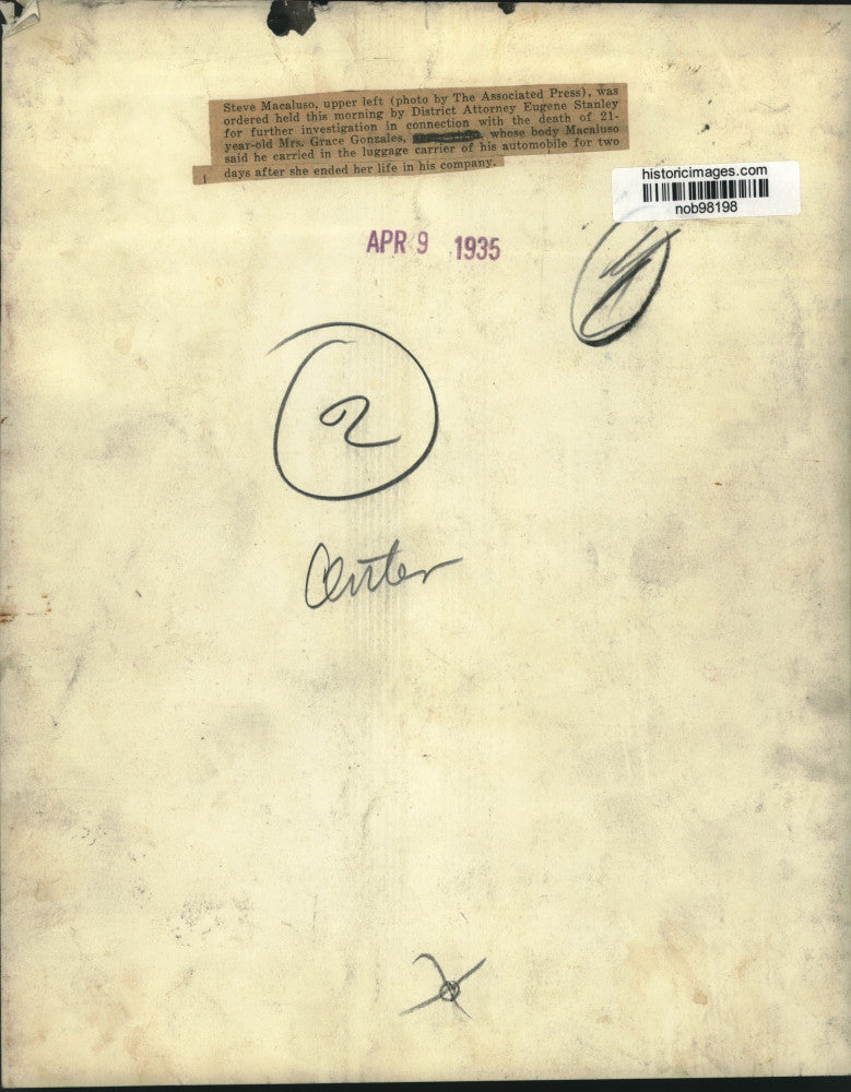 1935 Press Photo Steve Macaluso ordered held by District Attorney Eugene Stanley