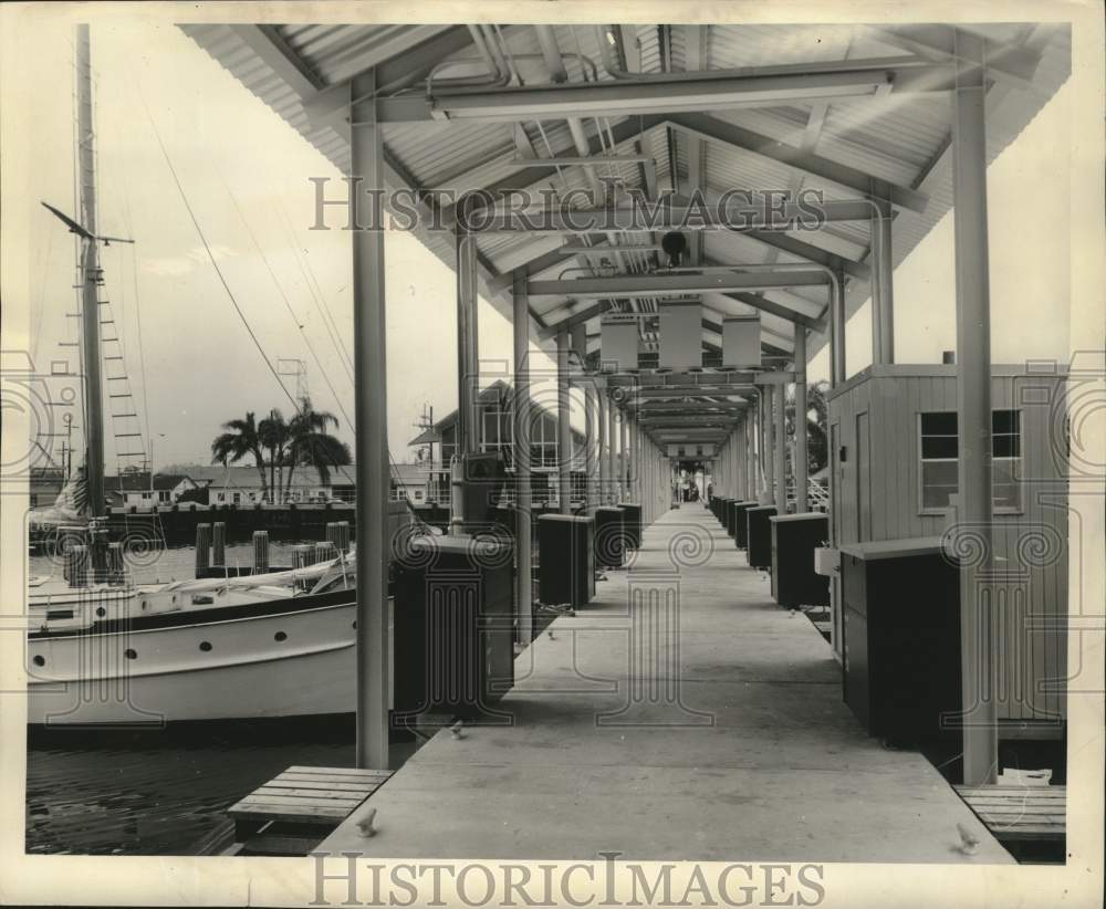 1962 Press Photo Marina Facilities Feature Roofed Pier, Gear Boxes, Electricity