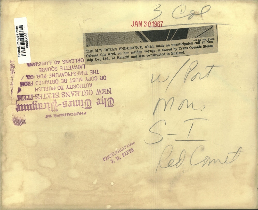 1967 Press Photo M/V Ocean Endurance of Trans Steamship docked in New Orleans