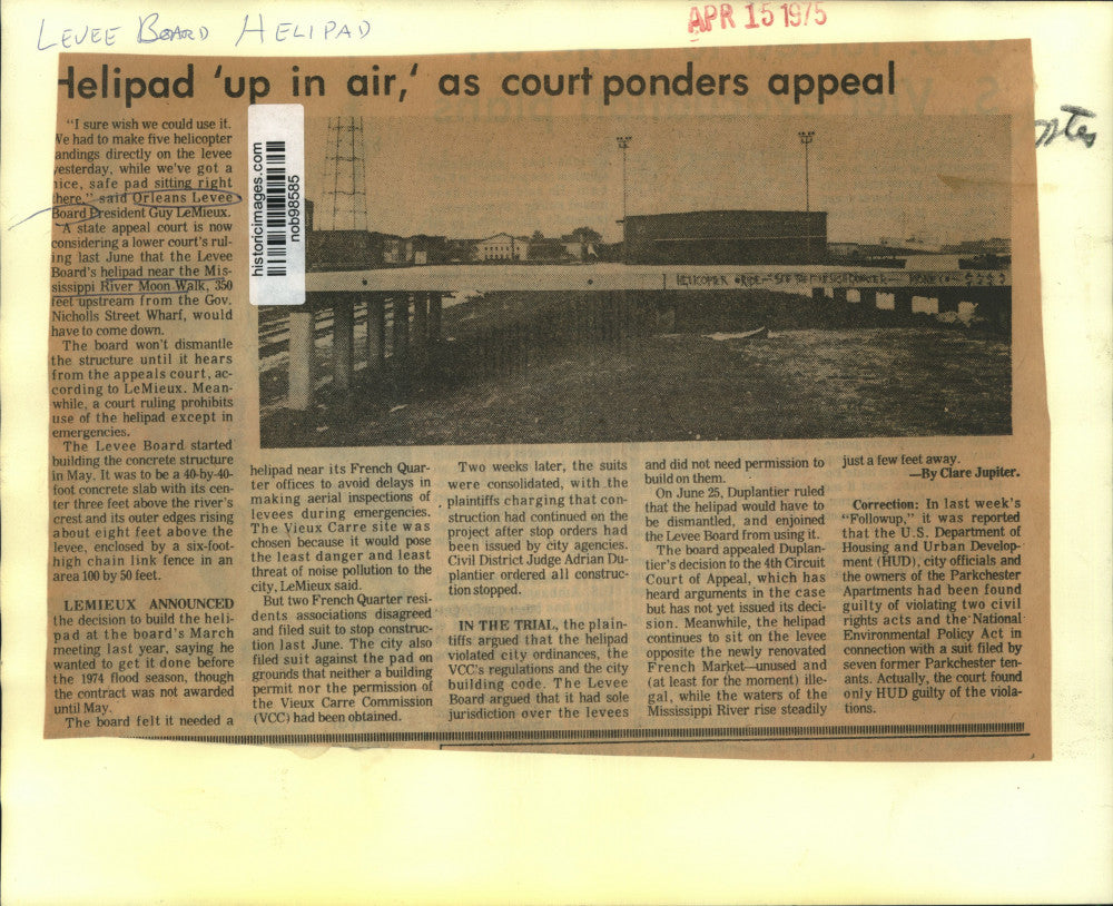 1975 Press Photo Orleans Levee Board Helipad Under Dispute Near French Quarter