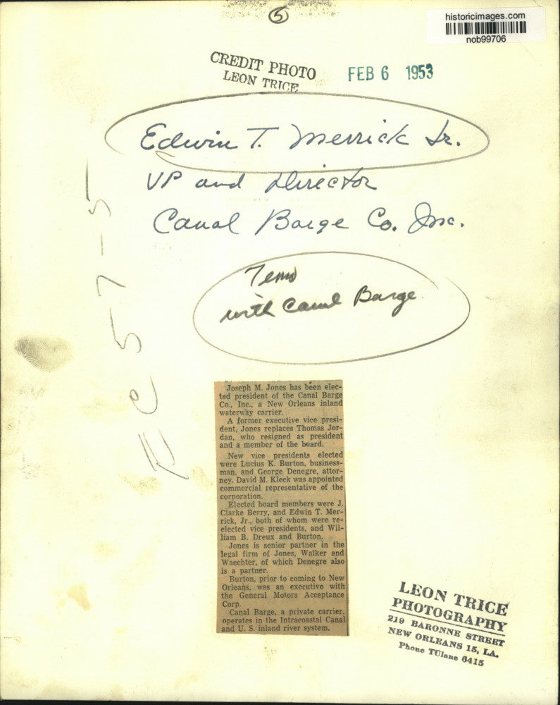 1953 Press Photo Edwin T. Merrick Jr., Vice President & Director, Canal Barge Co