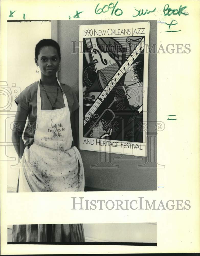 1990 Press Photo Artist Louise Mouton With Jazz Festival Poster She Created- Historic Images