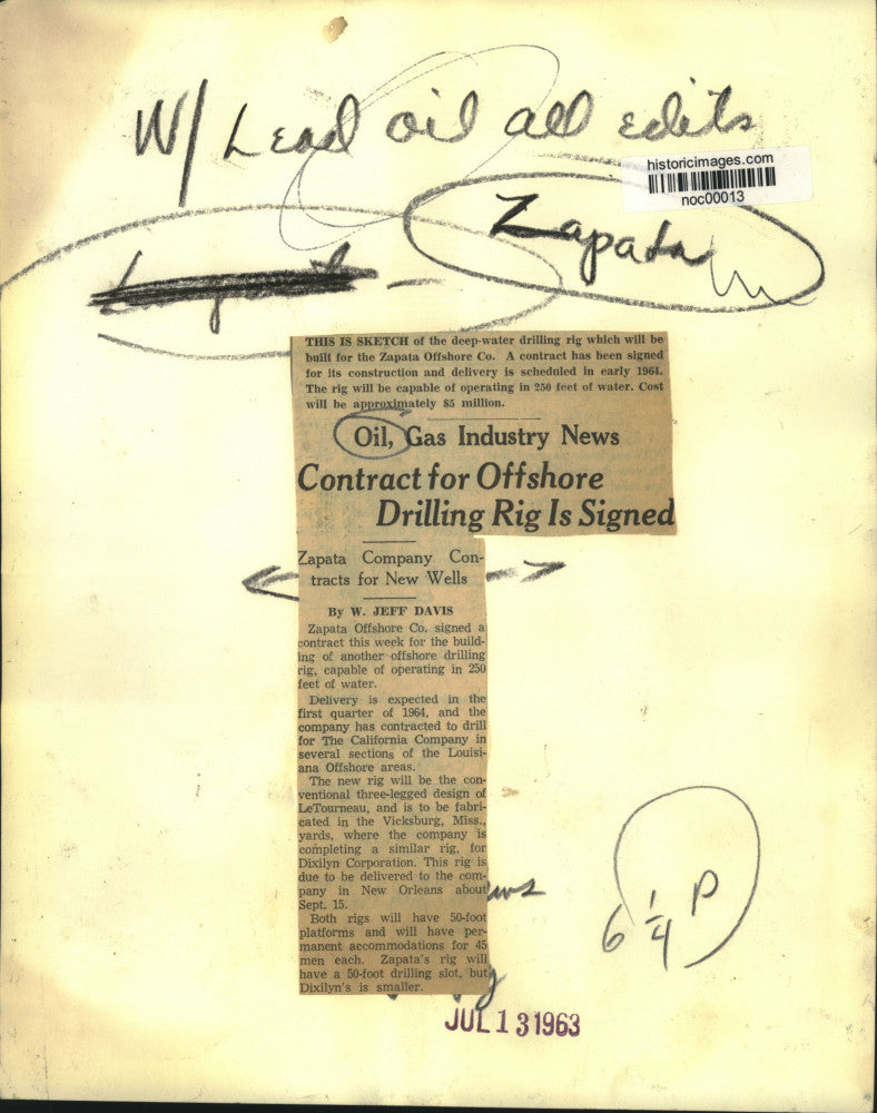 1963 Press Photo LeTourneau sketch of deep-water drilling rig - noc00013