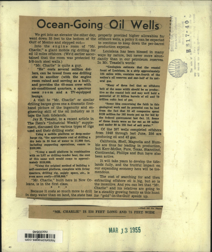 1955 Press Photo Oil drilling barge Mr. Charlie off Louisiana coast - noc00646