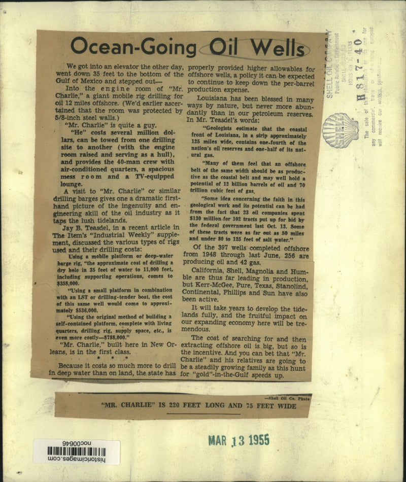 Load image into Gallery viewer, 1955 Press Photo Oil drilling barge Mr. Charlie off Louisiana coast - noc00646

