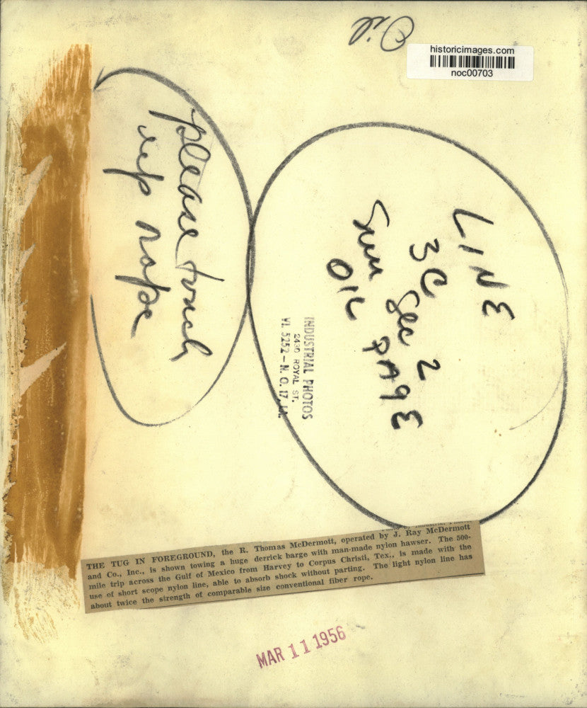 1956 Press Photo Tugboat Towing Huge Derrick Barge in Gulf of Mexico - noc00703