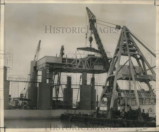 1954 Press Photo Giant Drill Barge Under Construction, Industrial Canal, Florida- Historic Images