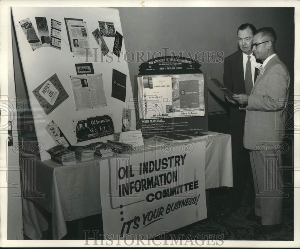 1956 Press Photo Oil Progress Week exhibit inspected by Oil Marketers officers