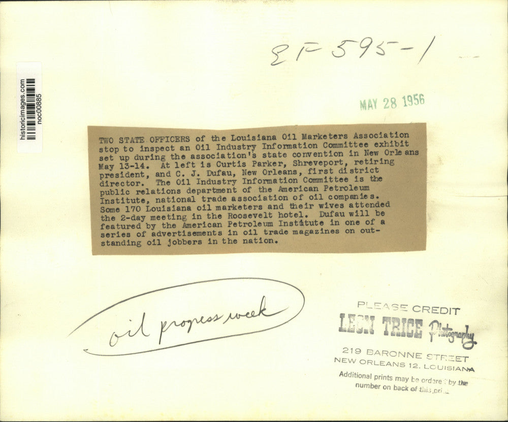 1956 Press Photo Oil Progress Week exhibit inspected by Oil Marketers officers