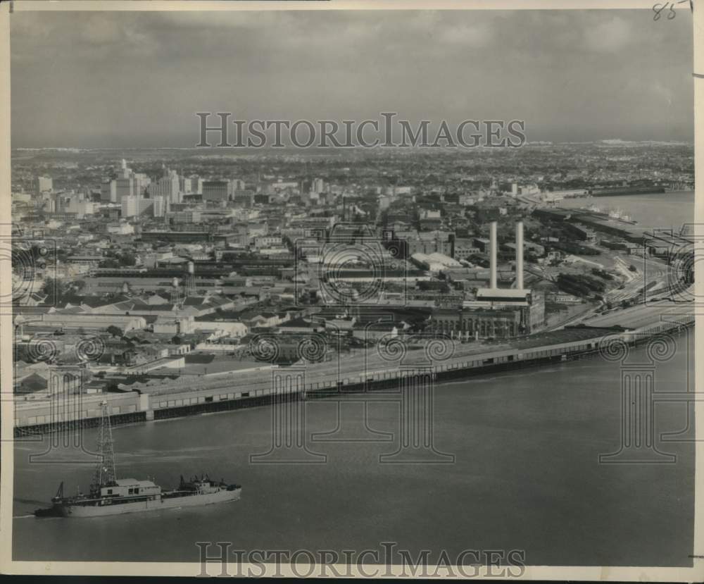 1949 Press Photo Shell Oil drilling barge in Mississippi River at New Orleans