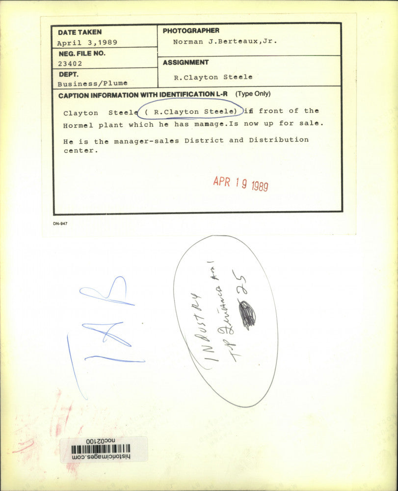 1989 Press Photo R. Clayton Steele once managed Hormel and now up for sale