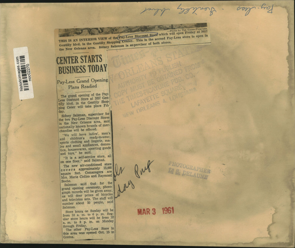 1961 Press Photo Pay-Less Discount Store Gentilly blvd, Gentilly Shopping Center