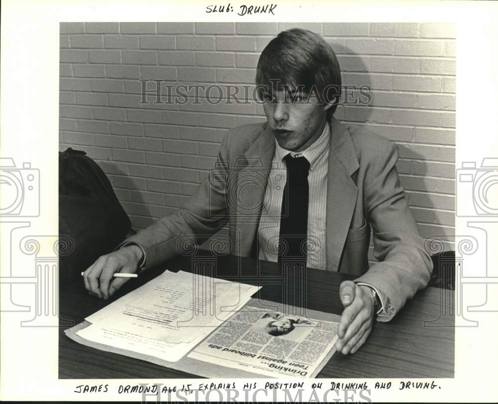 1985 Press Photo Student James Ormond explains position on drinking &amp; driving- Historic Images