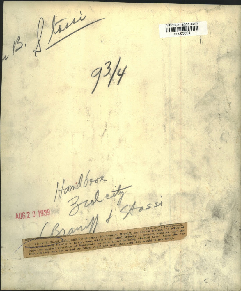 1939 Press Photo Dr. Victor B. Stassi and Attorney Matthew S. Braniff at Court