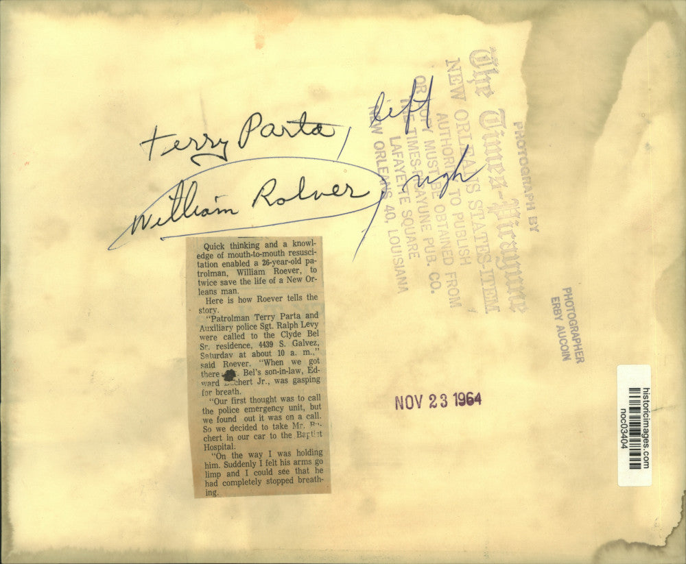 1964 Press Photo Patrolman Terry Parta, Police Sgt. Ralph Levy save life, twice