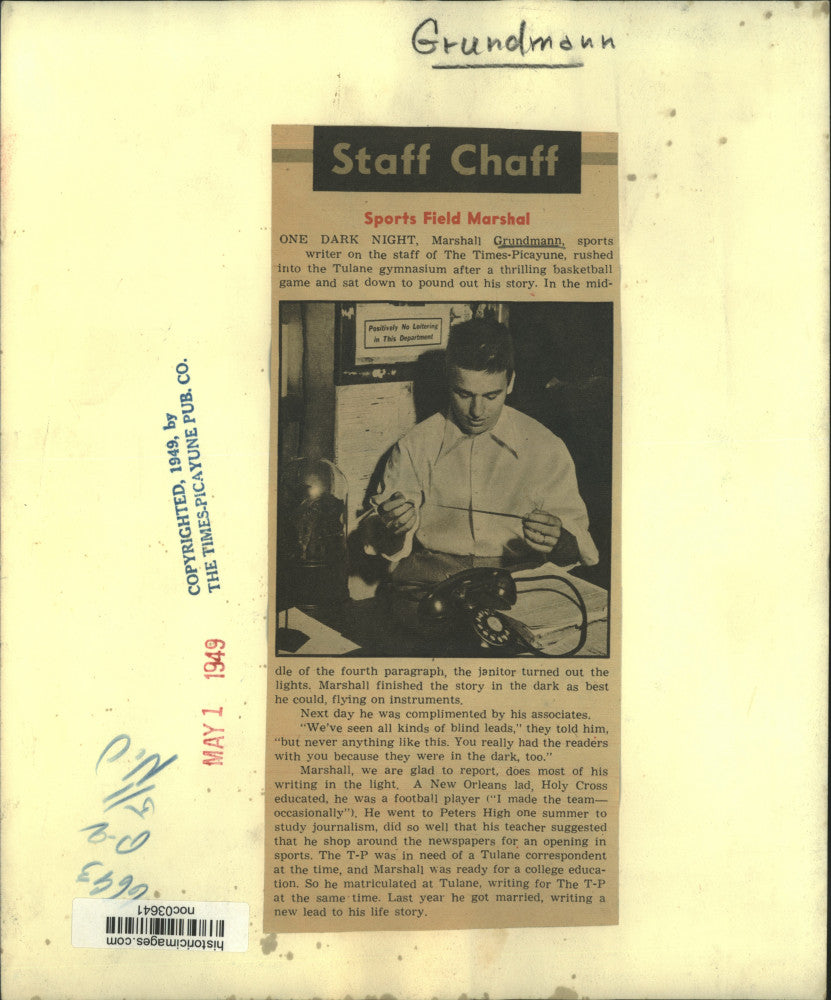 1949 Press Photo Marshall Grundmann, sports writer for The Times-Picayune