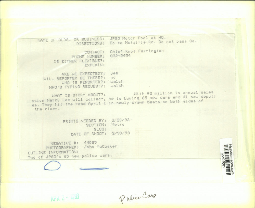 1993 Press Photo Jefferson Parish Sheriff's Office Cars - noc04081