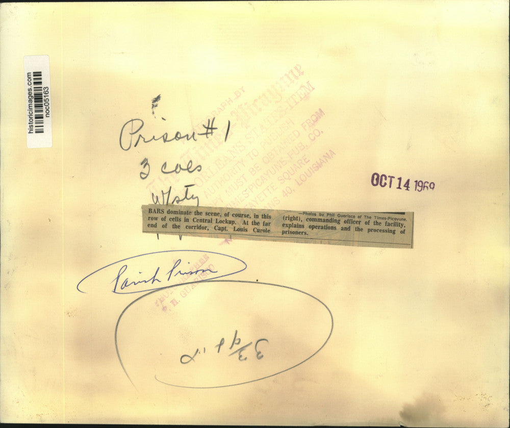 1969 Press Photo Row of cells in Central Lockup Parish Prison, Louisiana